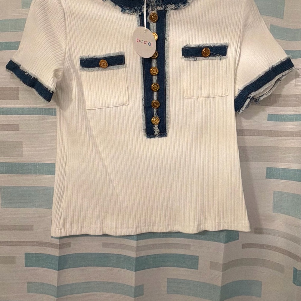 Pastels Women White and Blue Button-Up Shirt